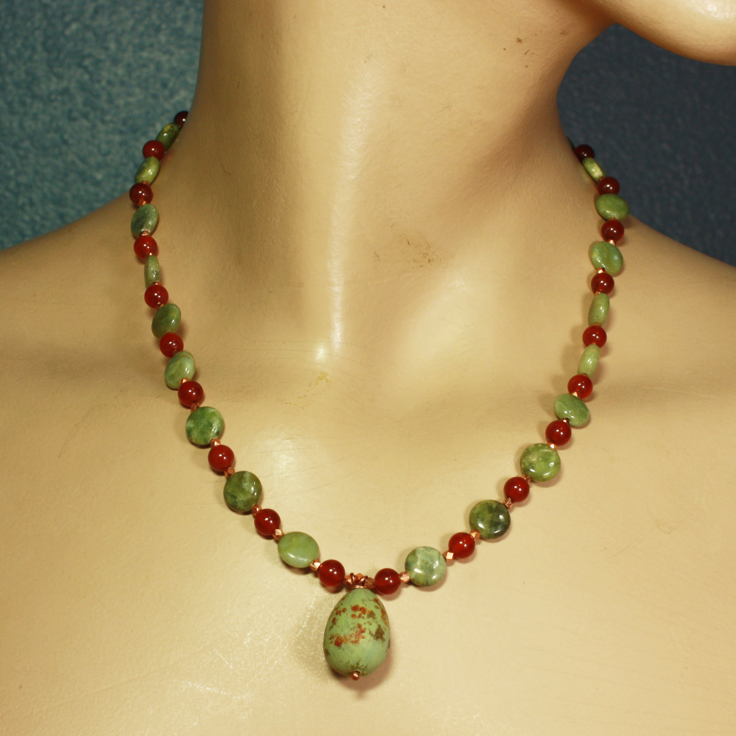 Sage Grouse Egg Necklace with Carnelian and Green Garnet