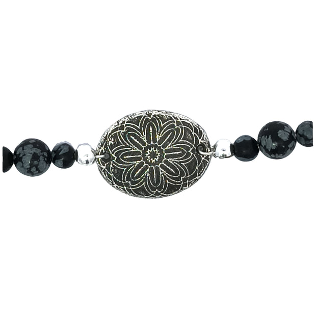 Snowflake Obsidian Bracelet With Silver Starburst Medallion (8.25 inches)